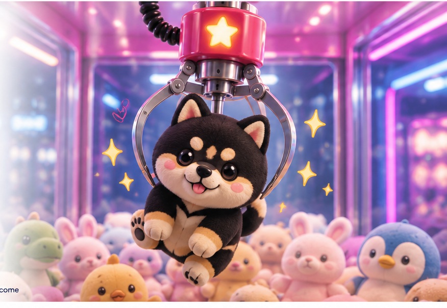 A claw machine lifting a cute black and tan Shiba Inu plush toy